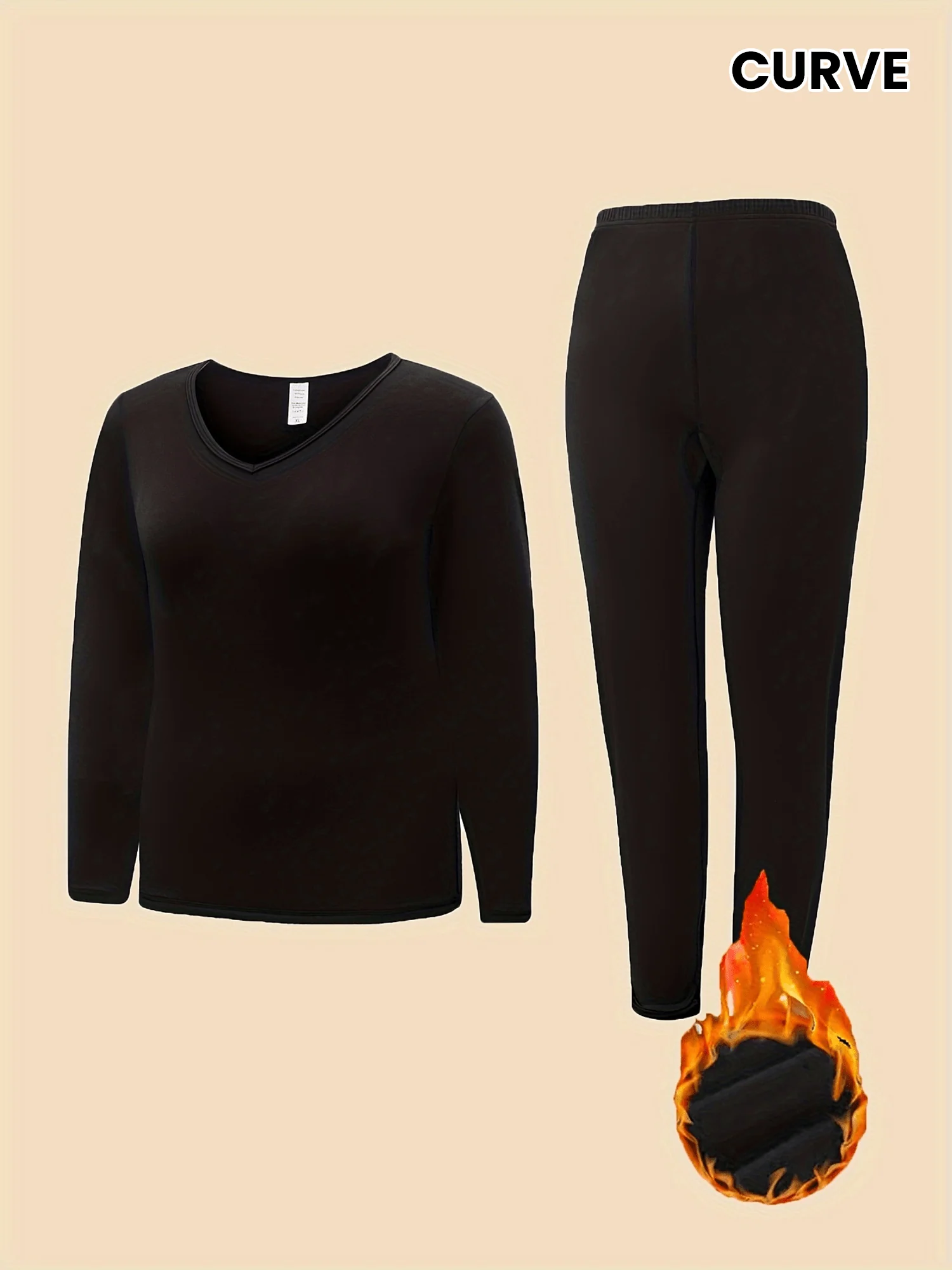 Plus Size Simple Thermal Underwear Set, Women's Plus Thickened Fleece Lined Warm Base Layer Shirt & Pants Underwear 2 Piece Set - Deanwangkt