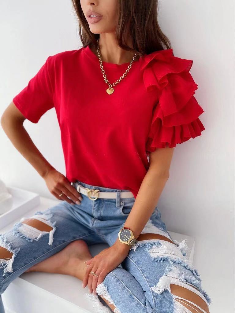 DEANWAQNGKT   Summer Independent Station   Cross Border New Simple Fashion Ruffled Short Sleeves All-Match round Neck T-shirt - Deanwangkt