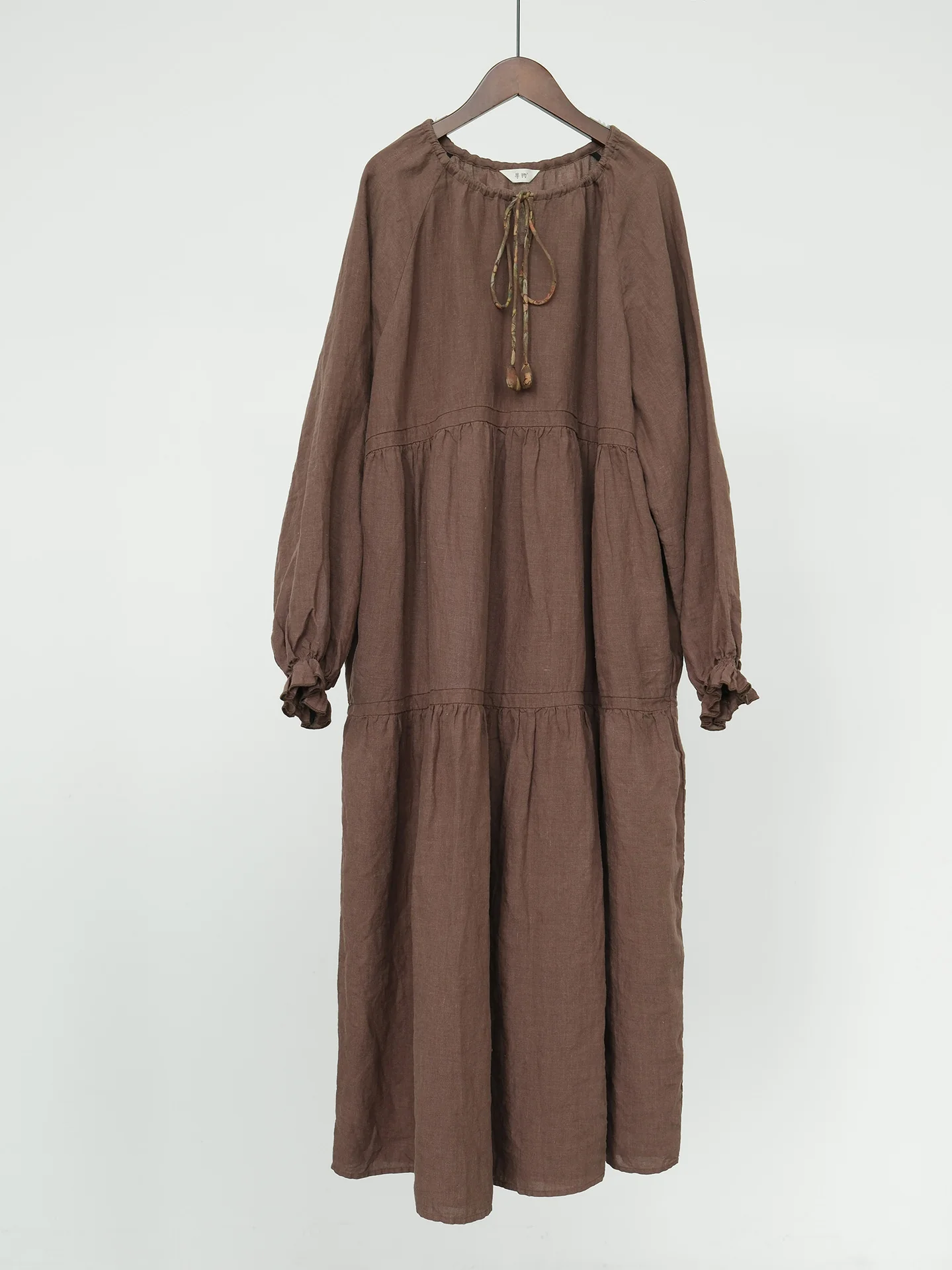 design retro linen tower skirt robe, old literary loose drawstring super long dress L24086 - Deanwangkt