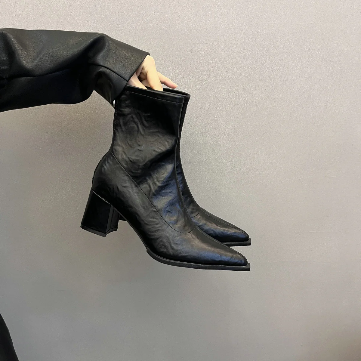 2025  Elastic thin boots women's thick heel pointed Martin boots women's popular new  thin soft leather boots sleeve boots - Deanwangkt