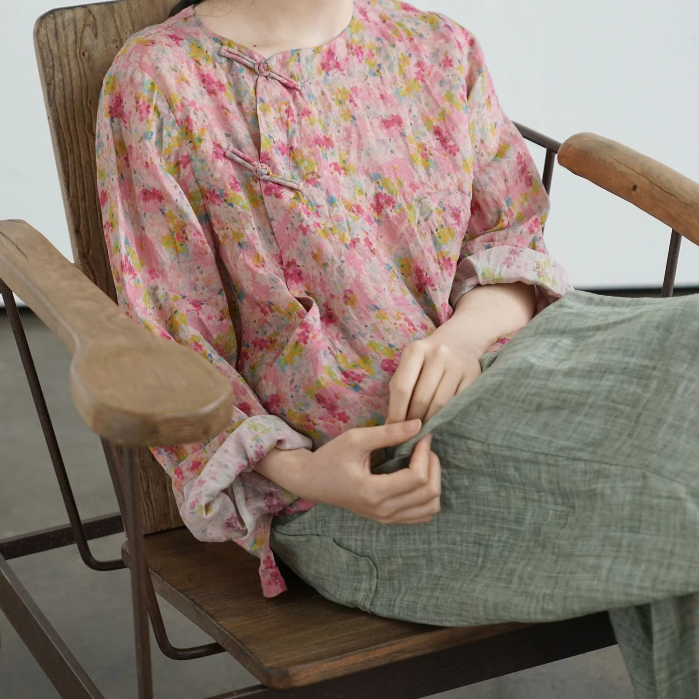 Original light Chinese digital printing ramie shirt, retro literary button-up top S25057 - Deanwangkt