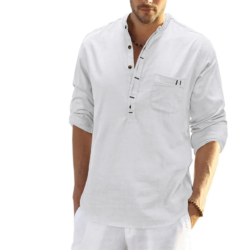 DEANWANGKT 2025 men's clothing  autumn and winter cotton and linen shirts, Popular trade long-sleeved Henry collar tops, loose men's linen shirts - Deanwangkt