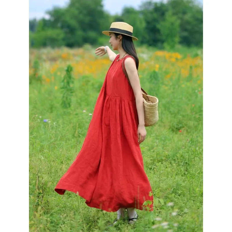 Temperament red sleeveless vest dress women's  spring new unique super good-looking loose long dress children - Deanwangkt
