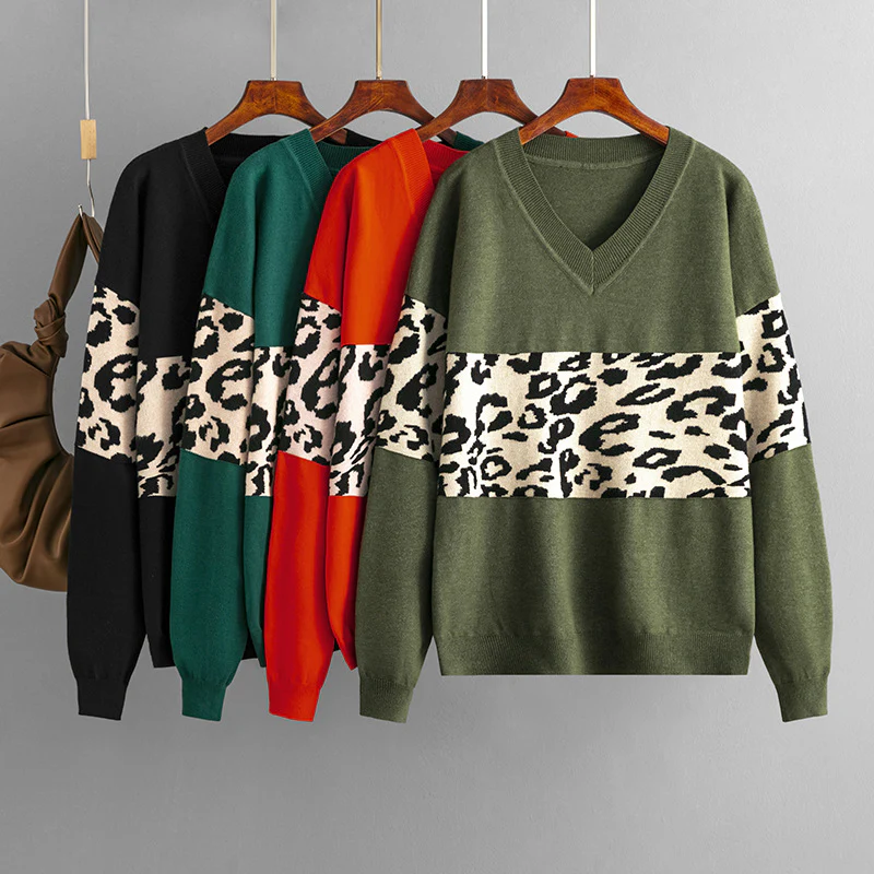 DEANWANGKT Cross-border women's clothing   autumn and winter new product simple V-neck loose color matching leopard print sweater women - Deanwangkt