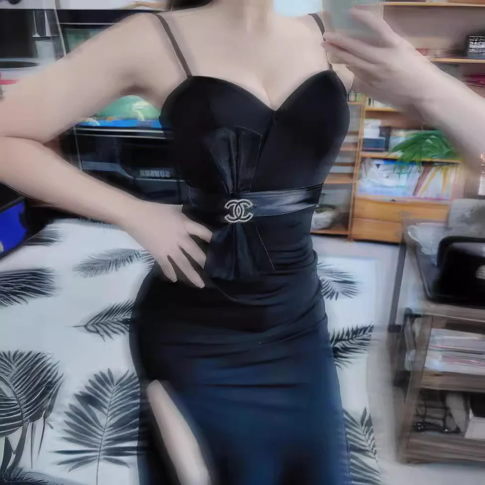 2025 KTV club high-end celebrity beauty dress overalls long slim split bow suspender sexy dress - Deanwangkt