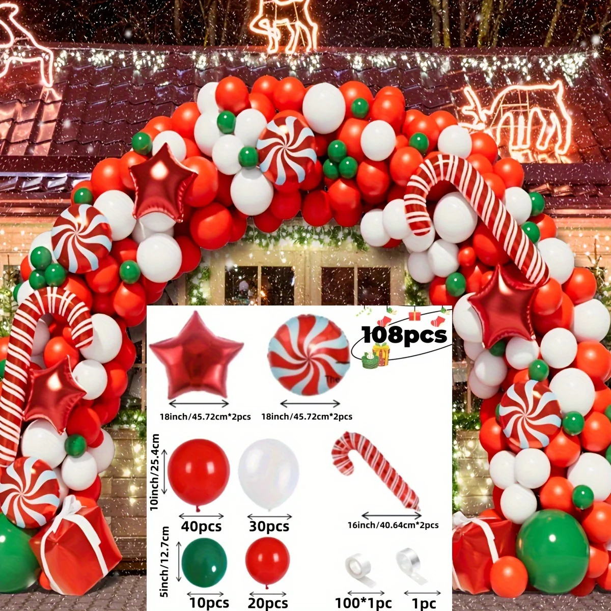 108pcs Christmas Balloon Garland Arch Kit - Red, White & Green with Candy Cane Accents for Holiday Decorations, Anniversaries, New Year's Parties, Birthdays & Graduations - Deanwangkt