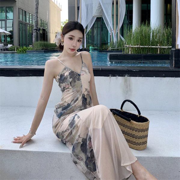 2025 New Chinese style ink painting suspender dress women's summer seaside vacation temperament slim and thin V-neck dress - Deanwangkt