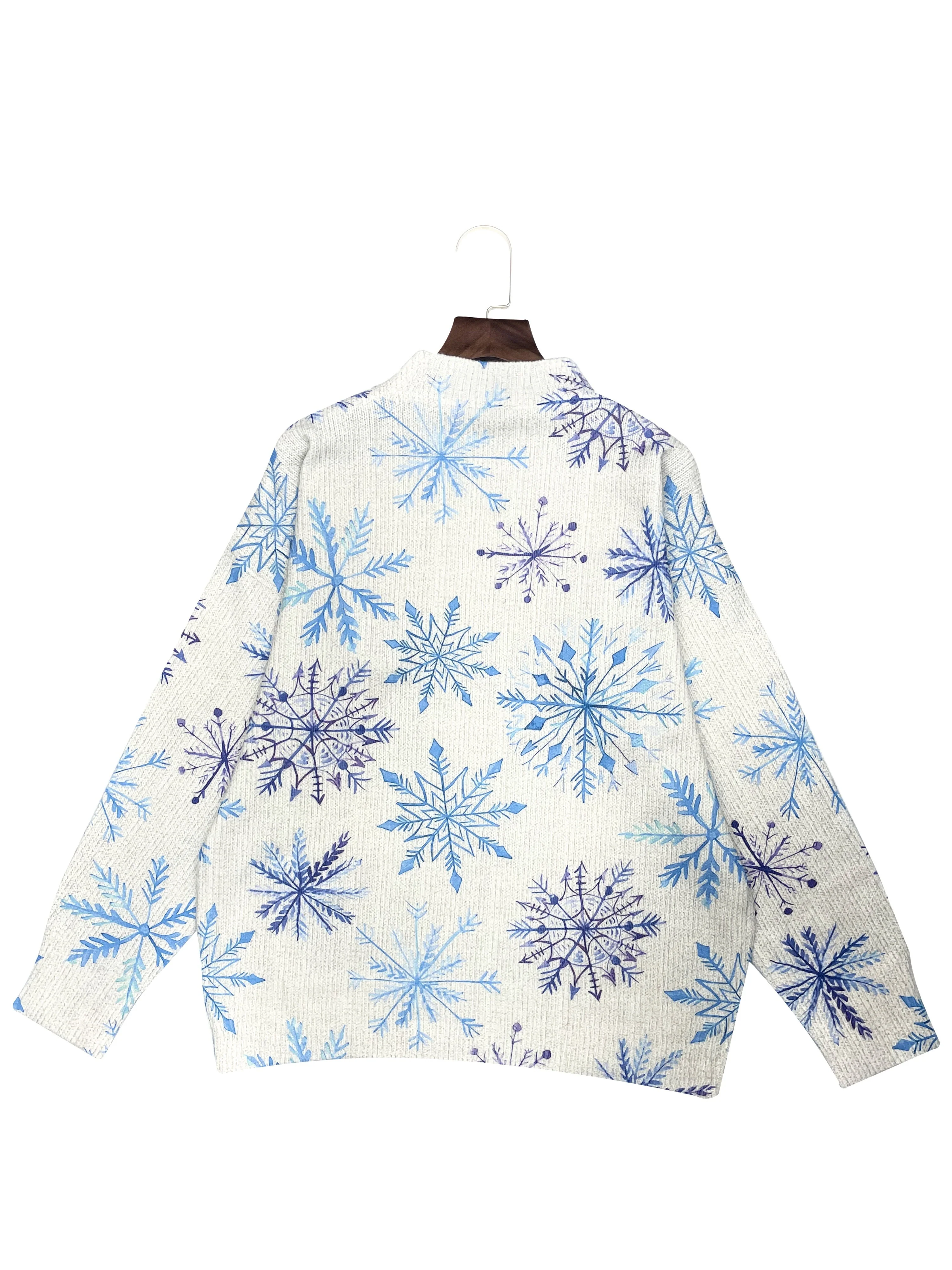 Women's Christmas Snowflake Print Pullover Sweater - 100% Polyester Knit Fabric, Stand Collar, All Season Comfort, Young Style - Deanwangkt