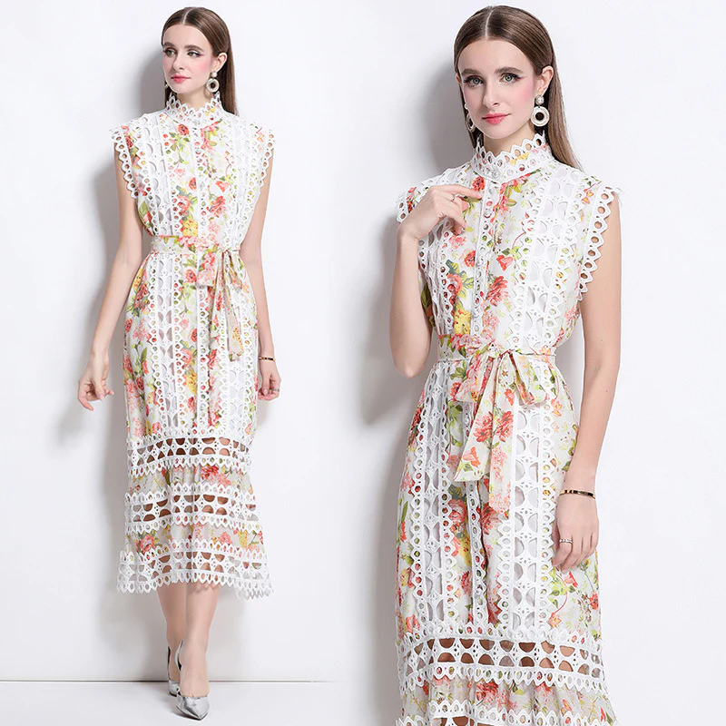 Light and mature style, niche high-end sense, hollow lace splicing printing dress, women's waist and thin temperament, sleeveless long dress - Deanwangkt