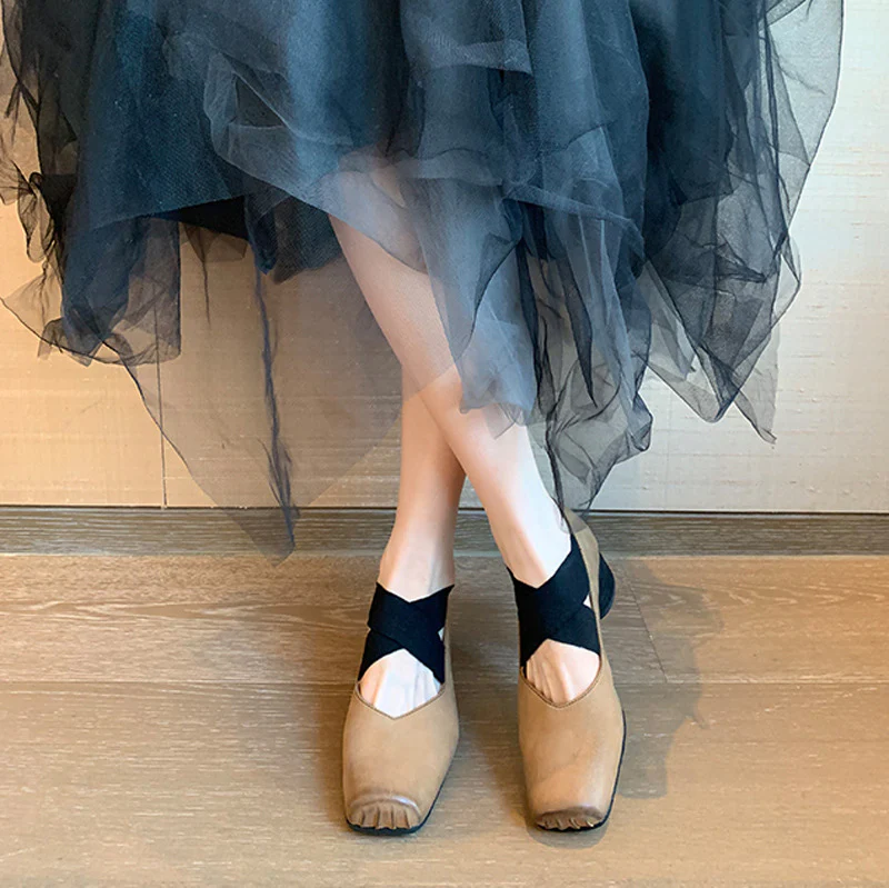 DEANWANGKT  Genuine Leather Mary Jane Pumps Autumn and Winter Retro Cross Belt Square Toe Comfortable Chunky Heel High Heel Pig Nose Ballet Shoes - Deanwangkt