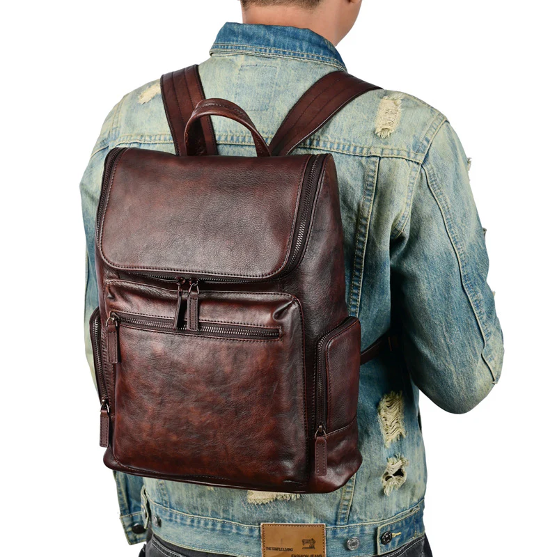 deanwangkt  Retro Style Vegetable Tanning Cowhide Men's and Women's Casual Backpack Travel Backpack Business Bag - Deanwangkt