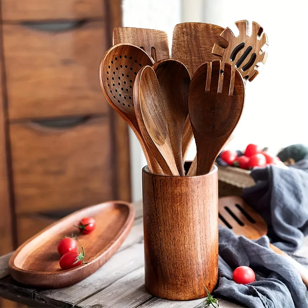 7-Piece Premium Wooden Cooking Utensils Set - Durable, Heat Resistant, Non-Stick Pan Compatible - Comprehensive Kitchenware for Cooking and Food Preparation - Deanwangkt