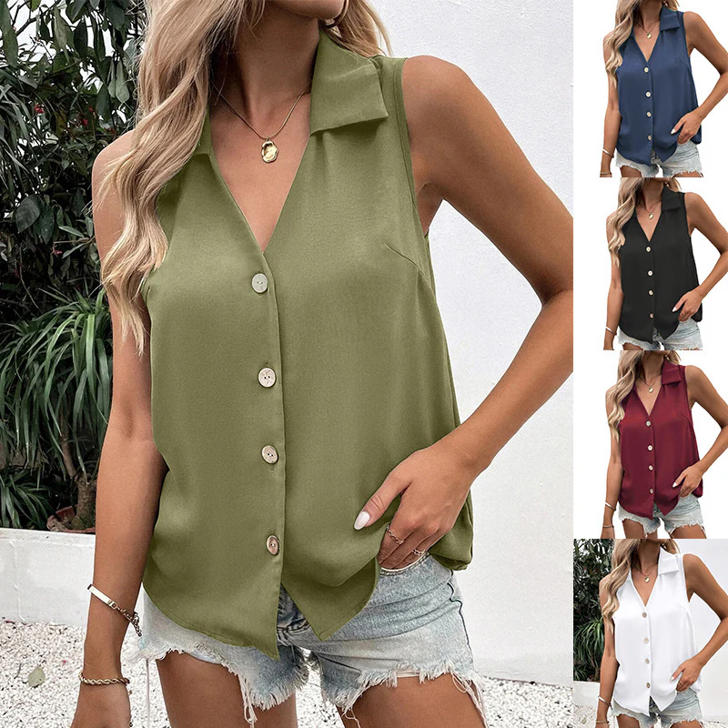 DEANWANGKT  Cross Border Summer New Women's Clothing Solid Color and V-neck Loose Chiffon Shirt Sleeveless Button Vest Shirt for Women - Deanwangkt