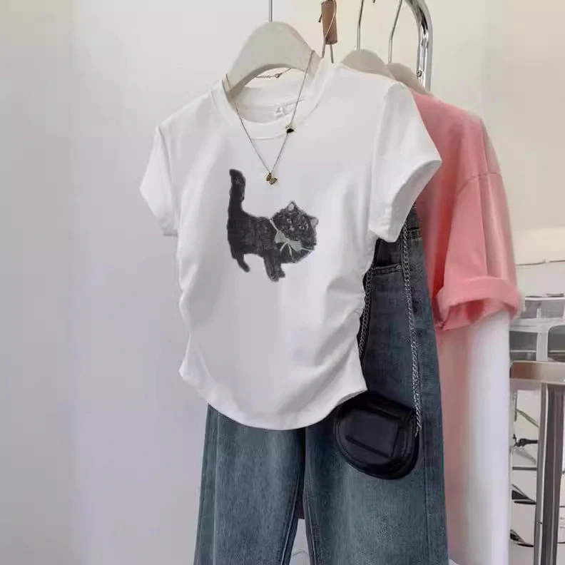 DEANWANGKT  American-Style Short-Sleeved T-shirt Women's Summer  New Small Slim Fit Slimming and Short T-shirt Hot European and American Top - Deanwangkt