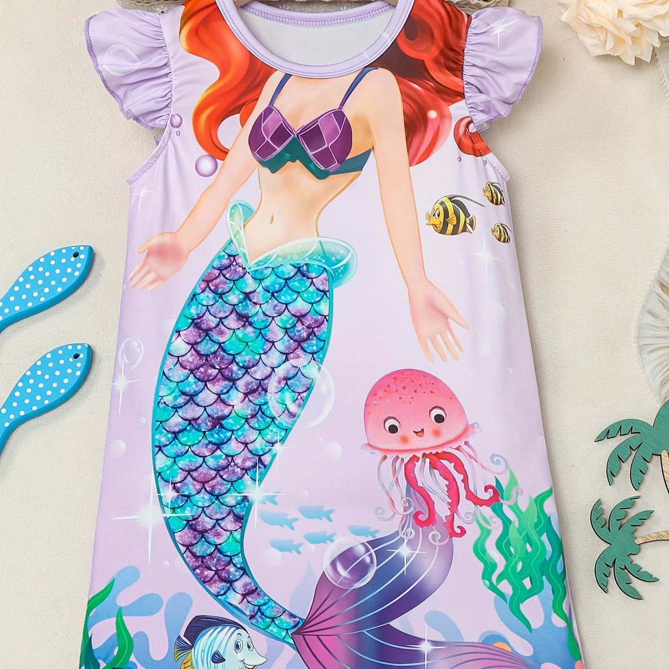 Girls Cartoon Mermaid Graphic Flutter Trim Crew Neck Knitted T-shirt Dress for Summer Party - Soft Slight Stretch Fabric, Machine Washable, Regular Fit, Portrait Pattern, Casual Style - Deanwangkt