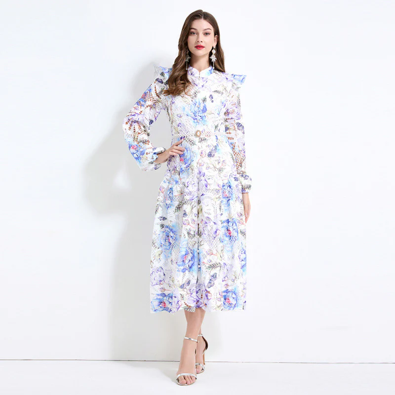 fashion heavy industry hollow crochet lace dress women's spring stand-up collar waist long sleeve printing elegant long dress - Deanwangkt