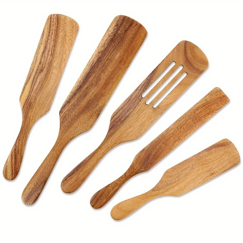 5-Piece Natural Acacia Wood Cookware Set - Premium Quality Cooking Essentials for Healthy Meals - Includes Spatula, Salad Hand, Mixer, and Spurtles for Effortless Food Preparation and Serving - Deanwangkt