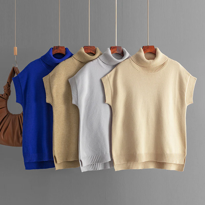 DEANWANGKT Cross-border women's clothing New autumn and winter new turtleneck solid color sleeveless pullover sweater loose knitted vest top - Deanwangkt