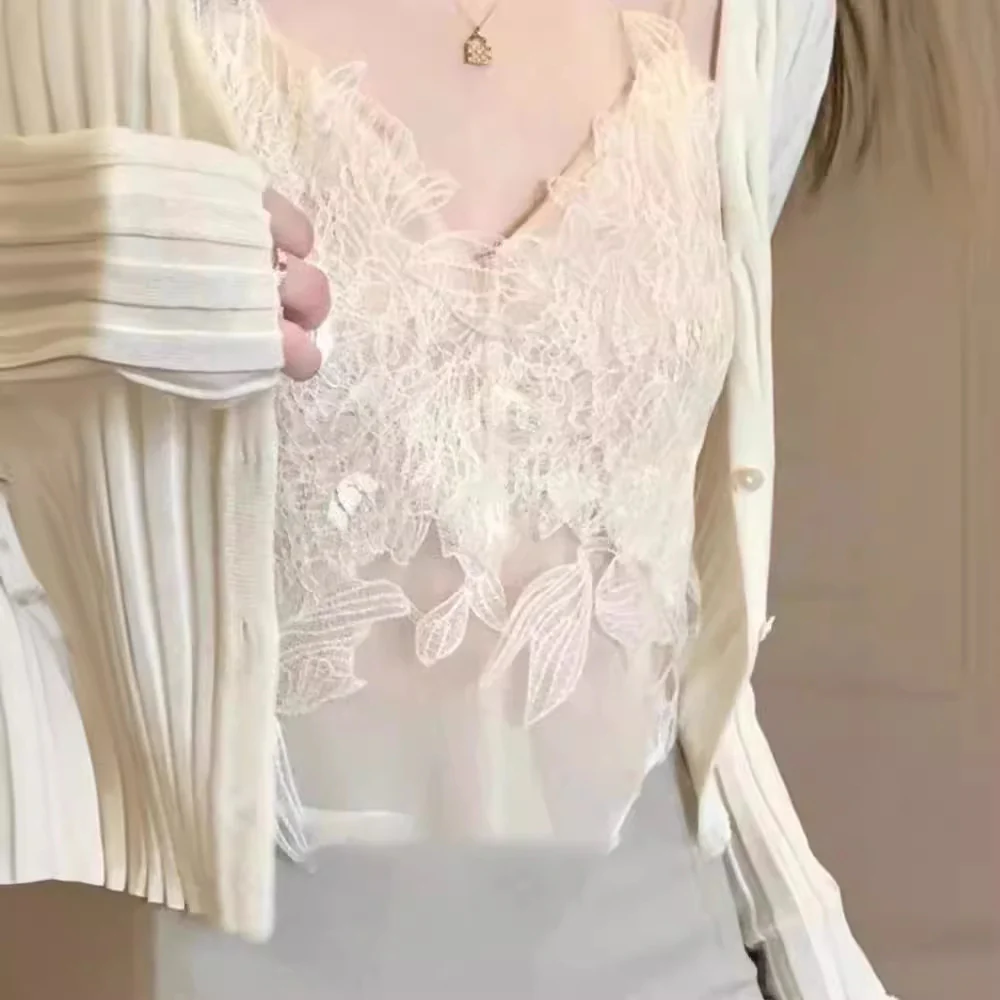 2025 popular Spring  Coffee Break Pure Desire High Sense Small Fragrance Lace Suspender Bottom Knitted Cardigan Top Women - Deanwangkt