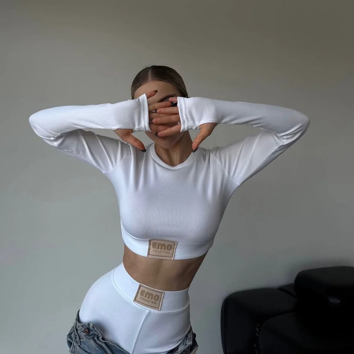 n sports style tight threaded pants set fitness round neck short open button long sleeve top hip cover hip shorts - Deanwangkt