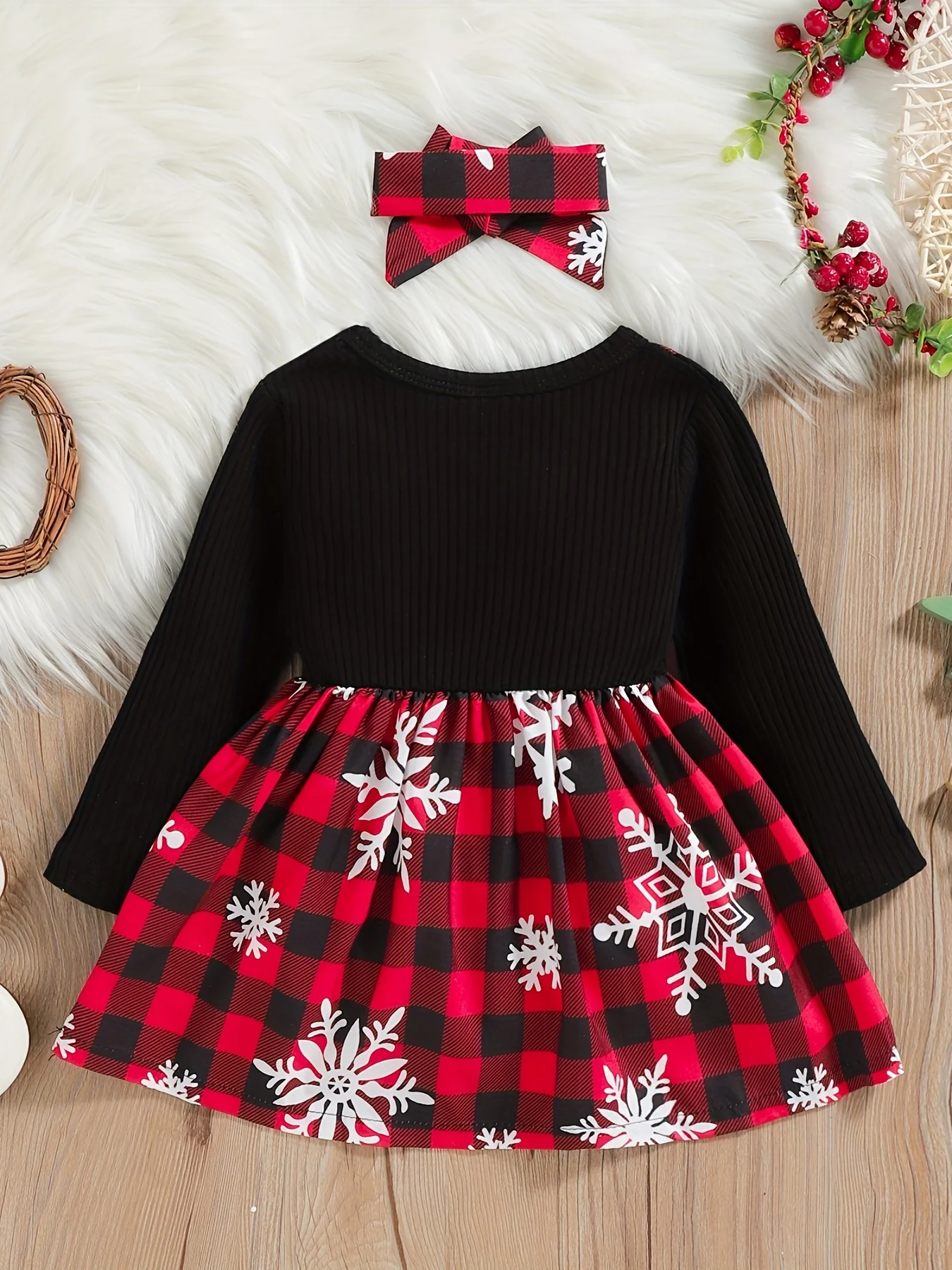 2pcs Toddler Girl's Christmas Style Cotton Ribbed Long Sleeve Dress and Headband Set - Soft, Plaid, Splicing, Spring and Autumn Wear - Deanwangkt