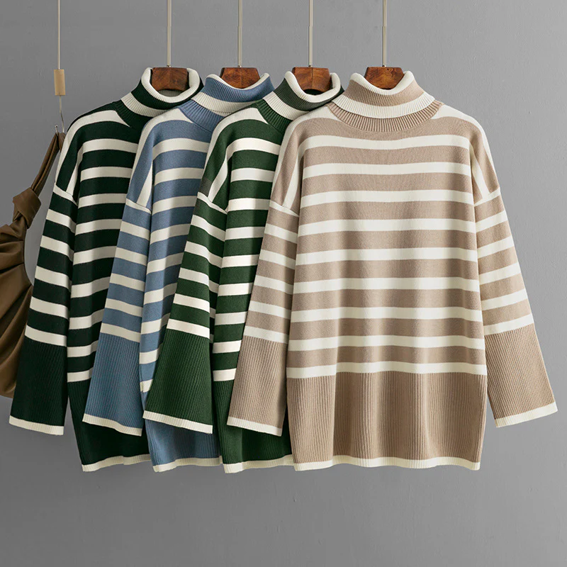 DEANWANGKT Cross-border striped turtleneck women's New autumn and winter new loose design knitted sweater jumper - Deanwangkt