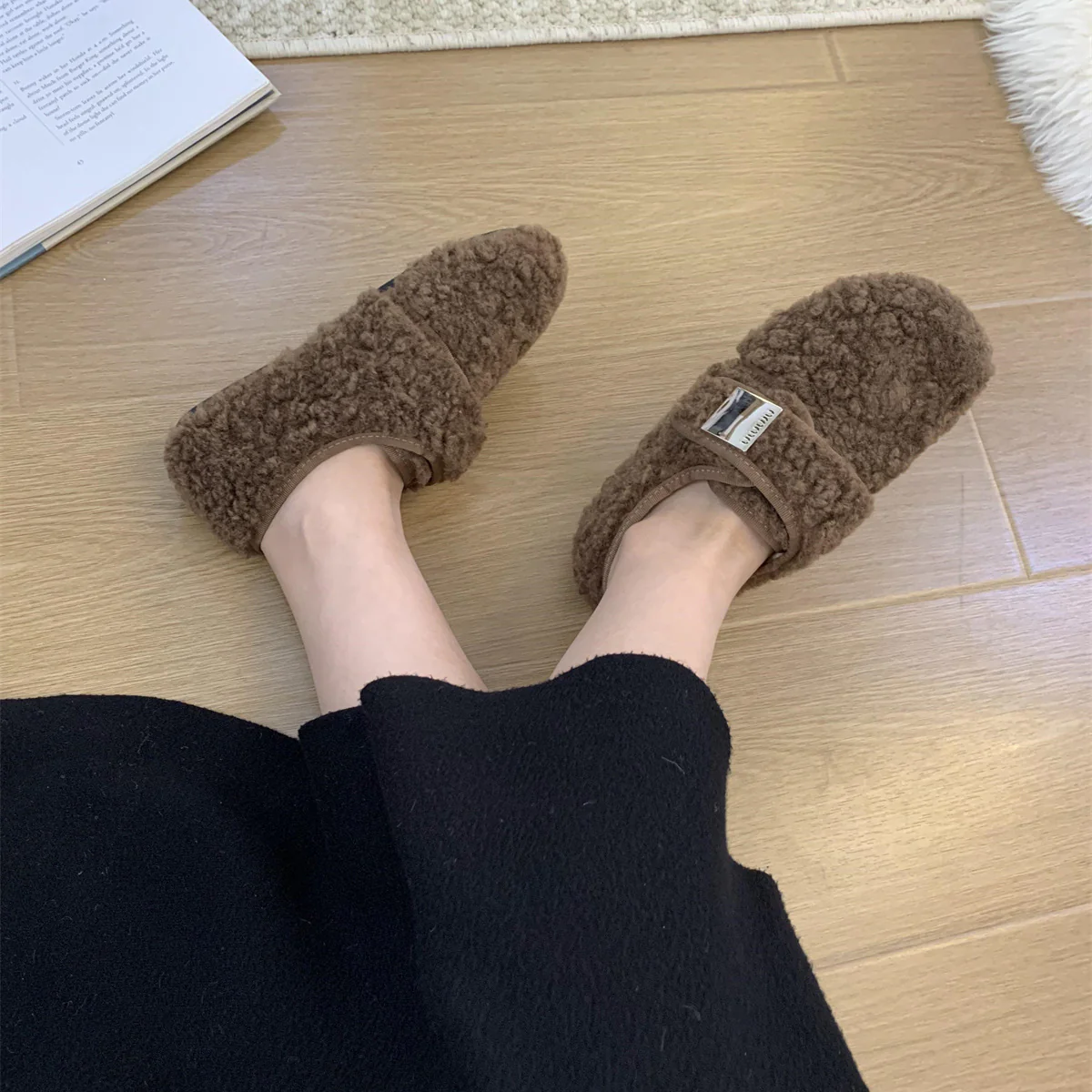 2025  niche metal buckle wool shoes women's autumn and winter outer wear velvet warm soft sole Velcro casual single shoes - Deanwangkt