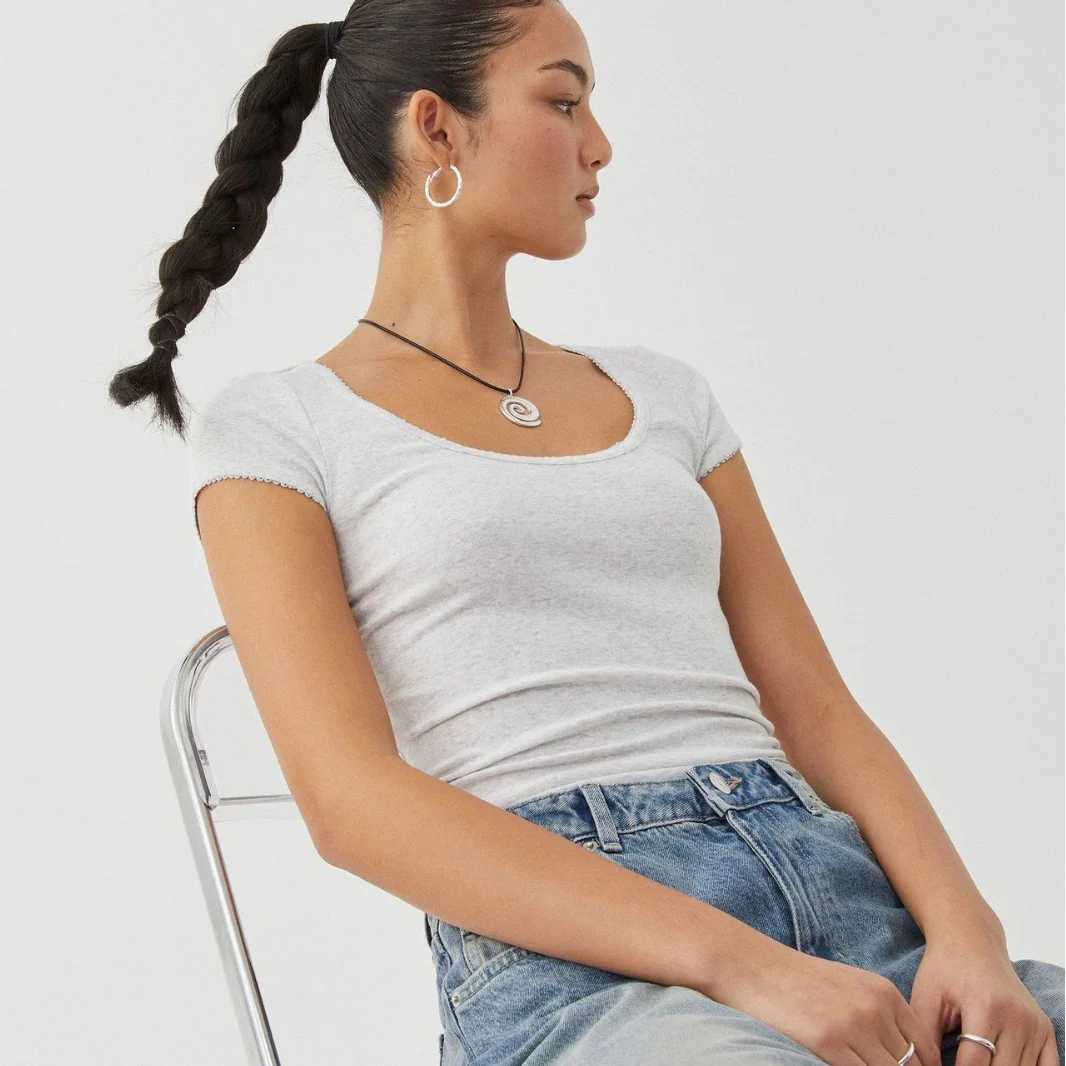 DEANWANGKT  Cross-Border Foreign Trade European and American  Women's Short-Sleeved Solid Color U-Neck Slim Fit Patchwork Spring and Summer Knitted Short-Sleeved T-shirt for Women - Deanwangkt