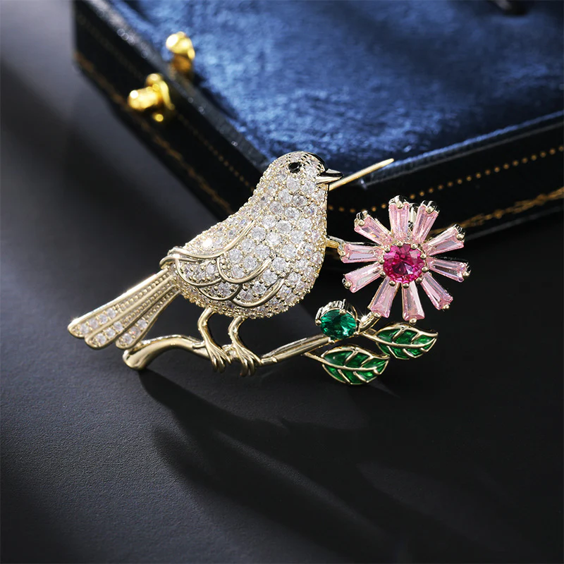 2025 Korean version of fashion magpie brooch flower cute zircon pin elegant temperament suit cheongsam clothes accessories women - Deanwangkt