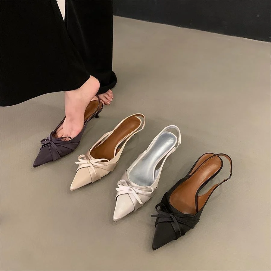 2025  pointed bow high heels women's thin heels popular new summer temperament socialite bag head sandals shoes - Deanwangkt