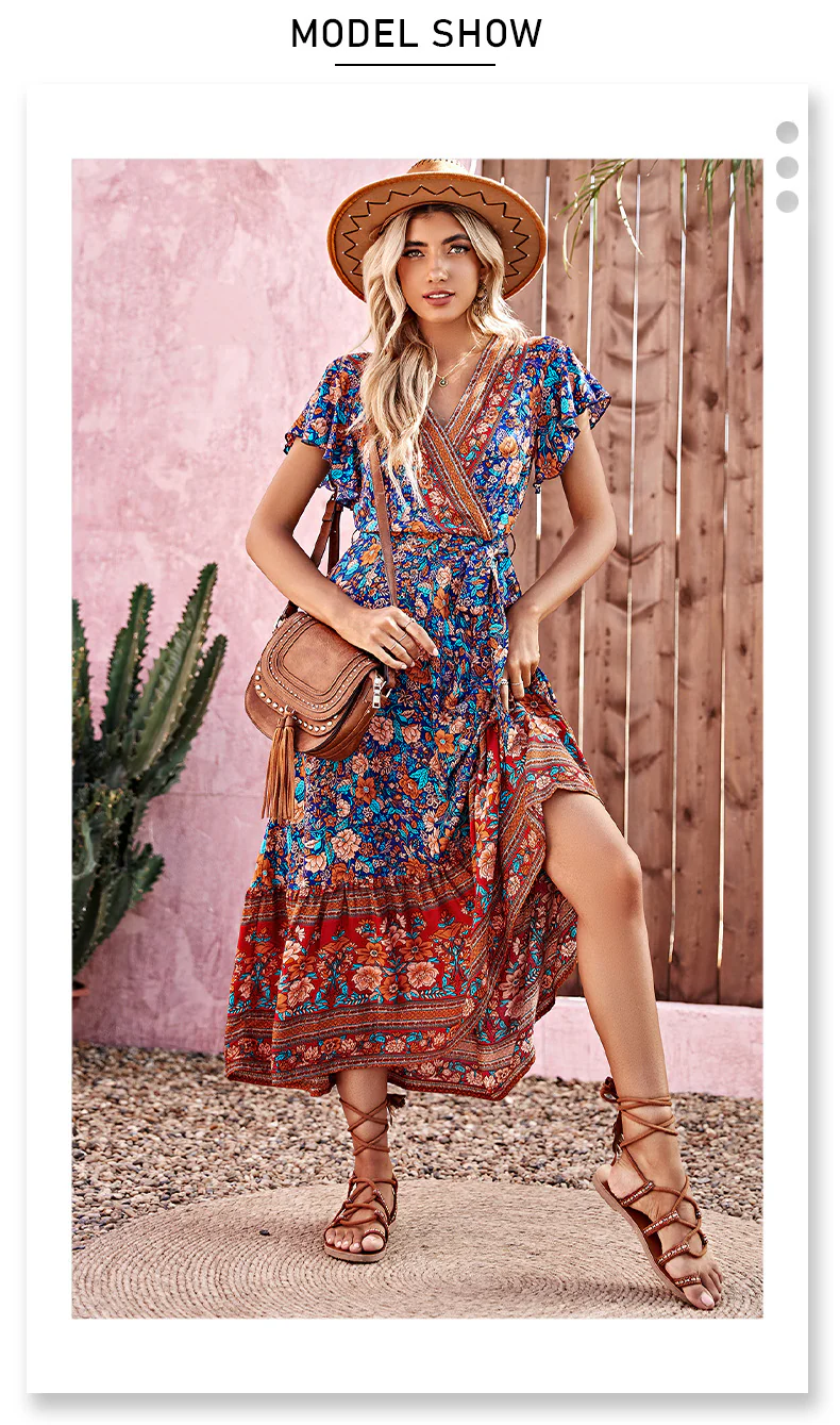 DEANWAQNGKT  Wish  Hot Hot-Sale Women's Clothing Cross-Border Foreign Trade Bohemian Lace-up Long V-neck Printed Dress - Deanwangkt