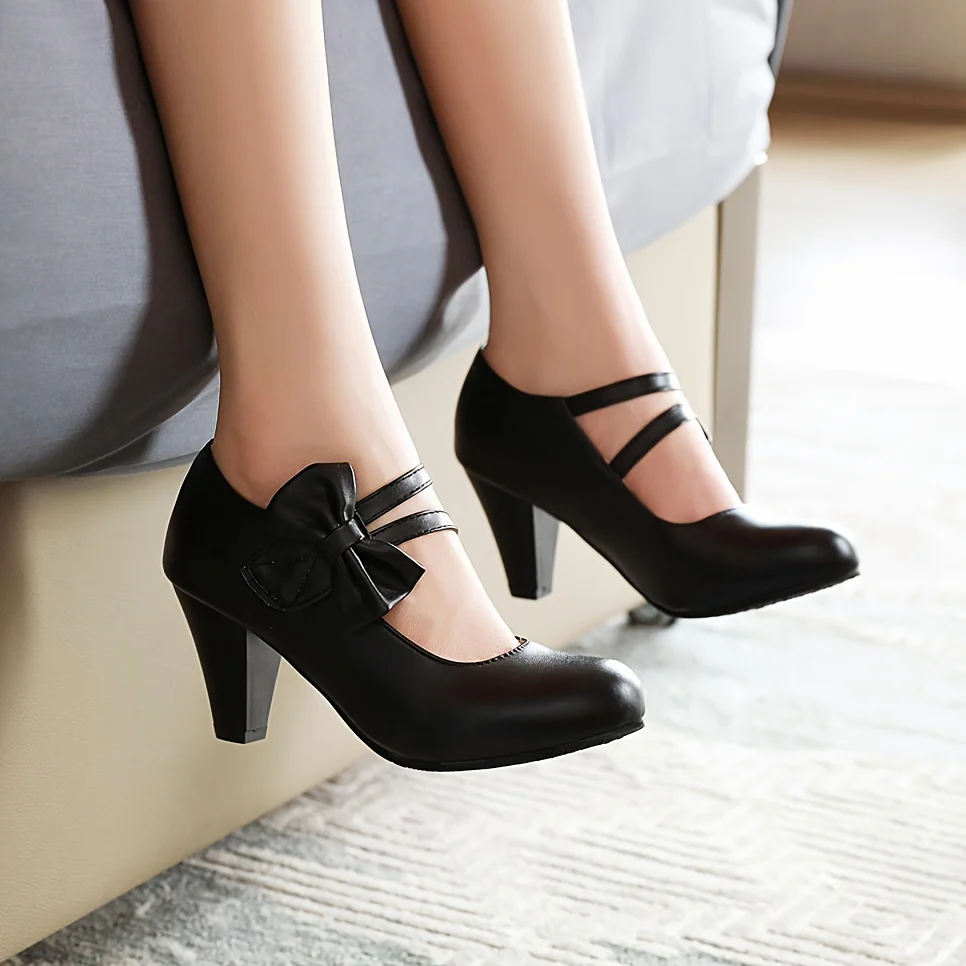 deanwangkt  Chic Kitten Heels with Round Toe & Bowknot Ankle Strap - Comfortable PU Leather Pumps for Work & Fashionable Dance - Elegant Women's Dress Shoes - Deanwangkt