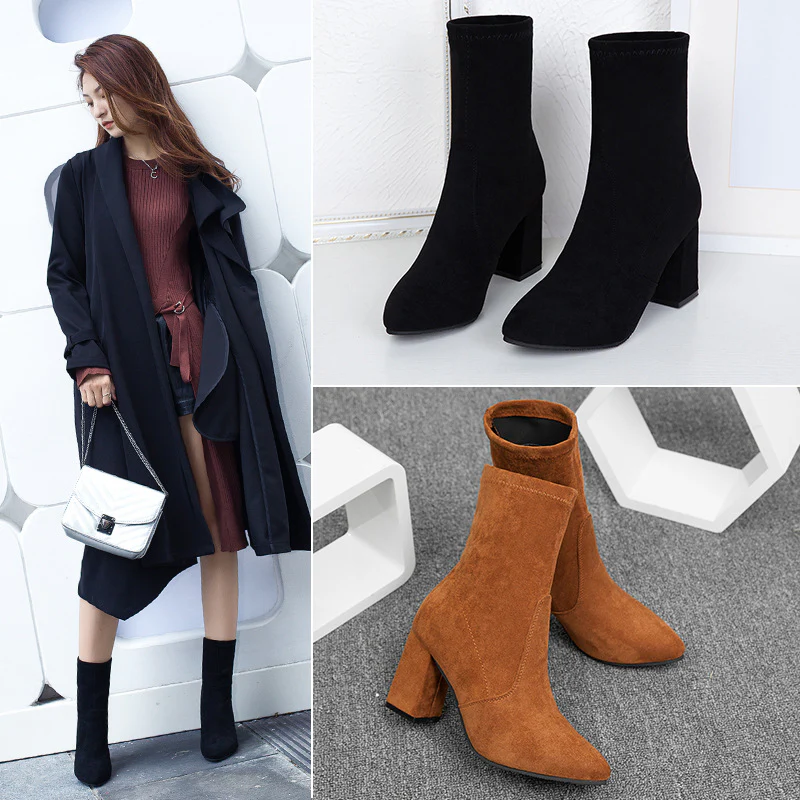 Internet Celebrity Fashion Boots Women's Chunky Heel Fashion Pointed Toe High-Heeled Outdoor Autumn and Winter New Warm Mid-Calf Suede Female Boots - Deanwangkt