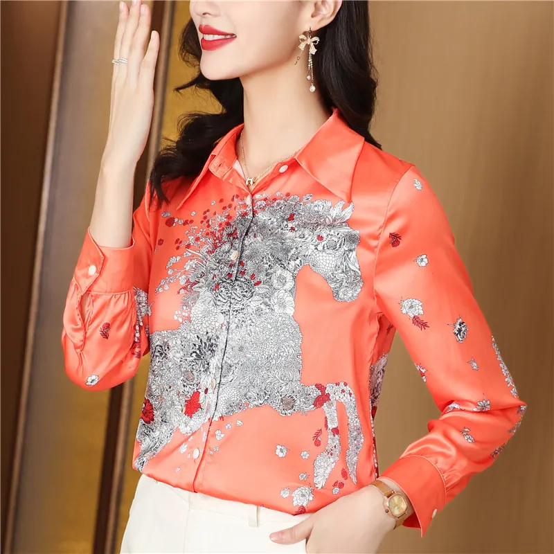 Printed Women Designer Lapel Shirts Silk Black Long Sleeve Elegant Fit Shirt Office Ladies Button Front Casual Satin Blouses Spring Fall Chic Slim Runway Tops - Deanwangkt