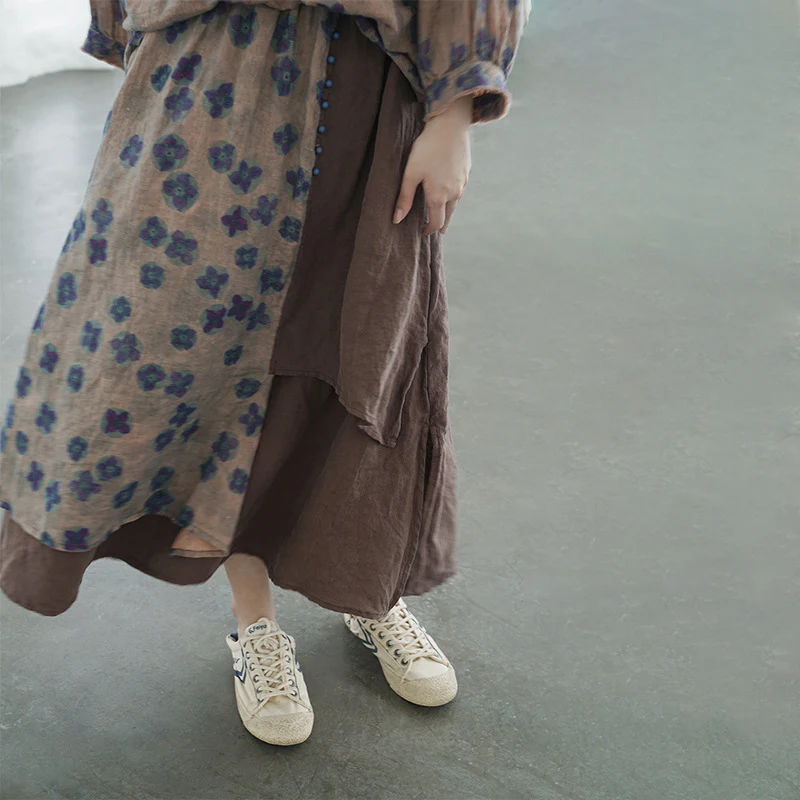 retro nostalgic blue-dye printed irregular long dress, autumn and winter national tide personalized linen skirt B22280 - Deanwangkt