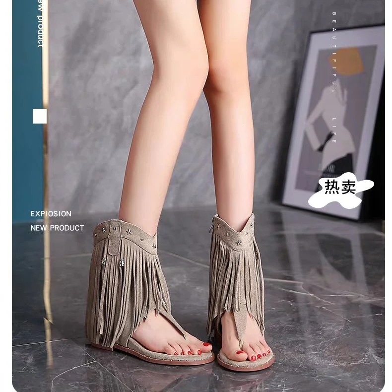 Summer New Fashion Trending Suede Ankle Boots Tassel Flip-Flops Open Toe Side Zipper Height Increasing Insole Roman Sandals - Deanwangkt