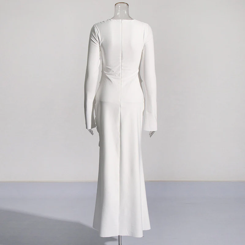 Style Socialite Gathering Dress 2025 Spring New round Neck Long Sleeve Slim Fit Pleated Long High Elastic Dress - Deanwangkt