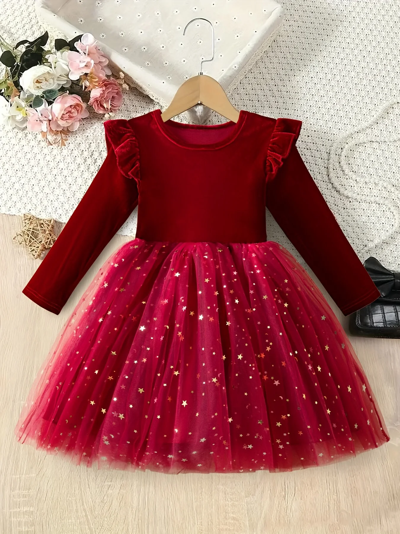 Girls' Elegant Long Sleeve Princess Dress, Cotton Blend with Mesh Contrast, Velvet Top, Perfect for Party, Holiday, Christmas - Spring/Fall Wear for Children Under 12 - Deanwangkt