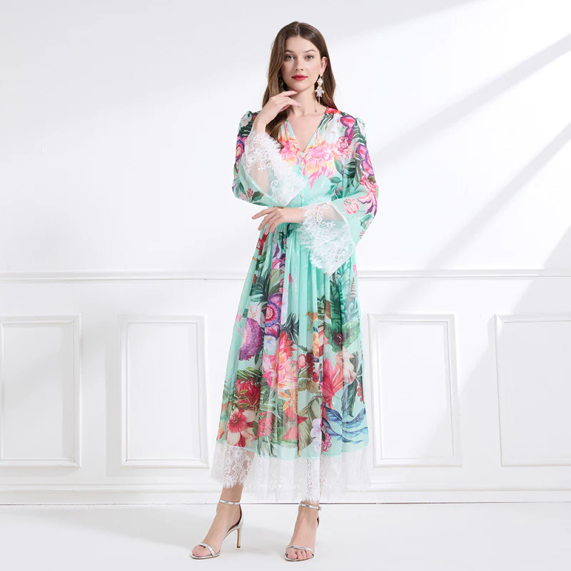 Popular trade  women's clothing vacation style V-neck lace printing set waist ruffle edge dress - three-piece set - Deanwangkt