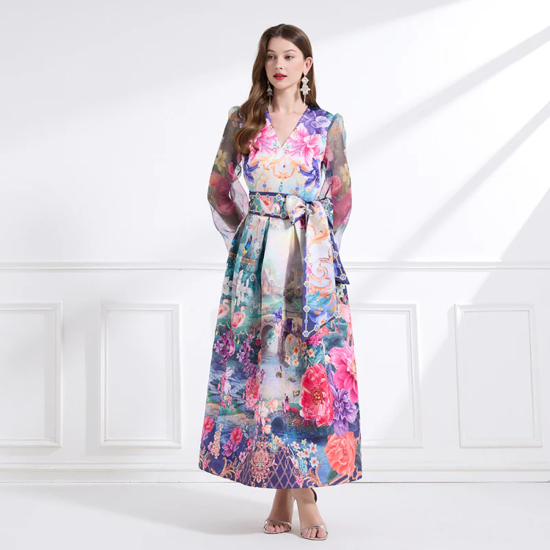 Court retro  dress women's high-end waist V-neck lantern sleeve fantasy wonderland print big swing dress - Deanwangkt
