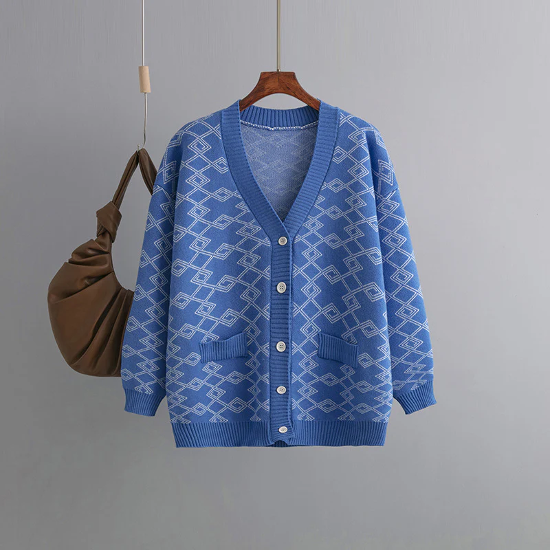 DEANWANGKT Cross-border large-size women's clothing New autumn and winter jacquard contrasting color loose sweater long cardigan jacket - Deanwangkt