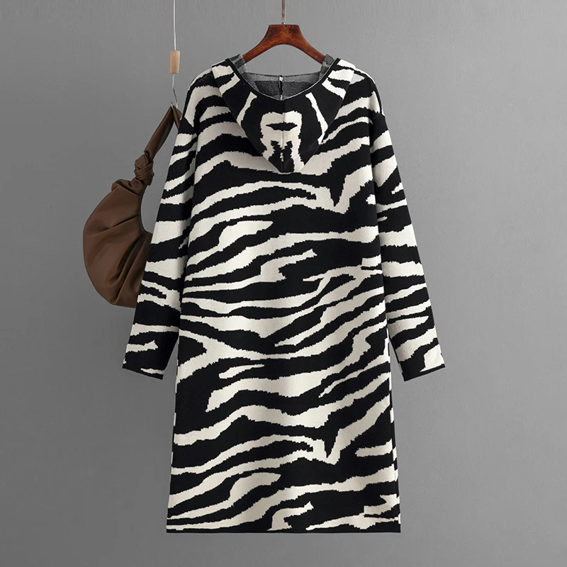 DEANWANGKT Cross-border knitted jacket women's  autumn and winter new Shang V tie hat long-sleeved zebra pattern long sweater cardigan - Deanwangkt