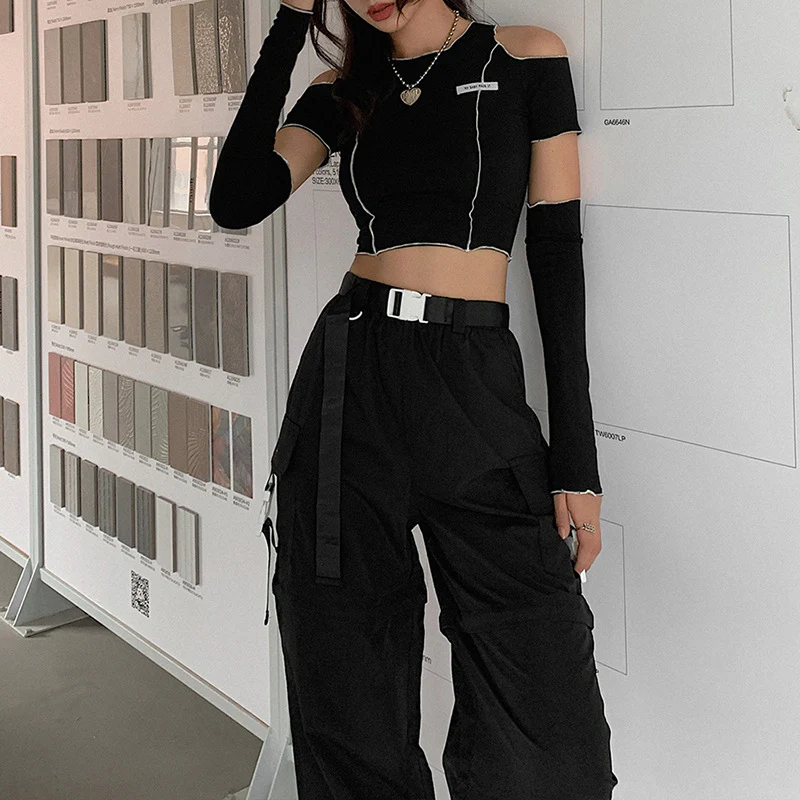 DEANWANGKT  European and American Style Cross-Border Women's Clothing 2022 Autumn and Winter New Fashion Labeling Slim round Neck off-the-Shoulder Short T-shirt for Women - Deanwangkt