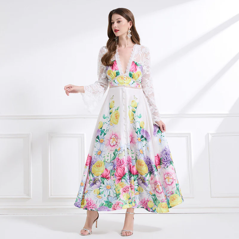 fashion holiday style dress spring women's court style deep V-neck waist horn sleeve lace print dress - Deanwangkt