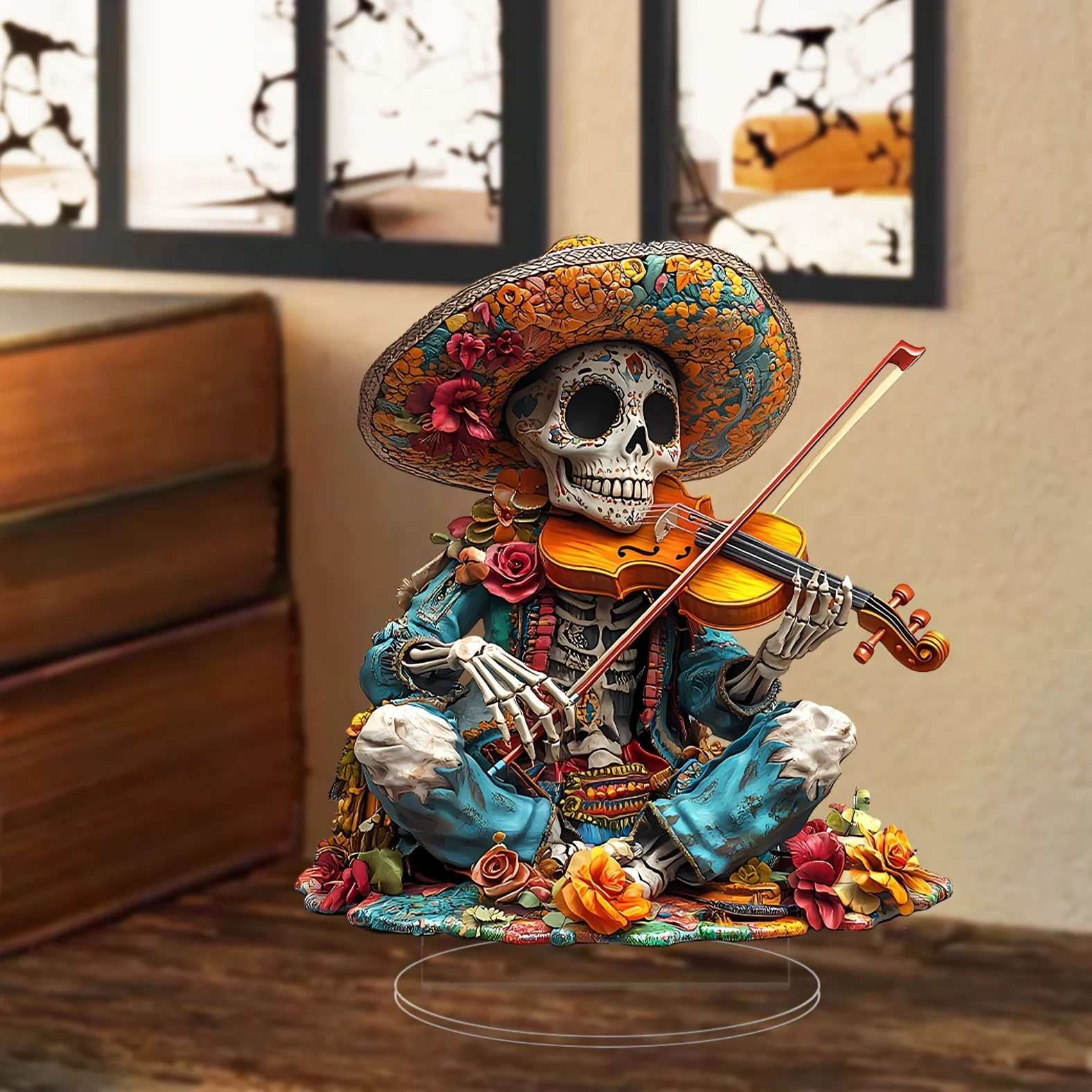 Day of the Dead Violin-Playing Skeleton Acrylic Figurine - Perfect for Desktop, Window Display & Home Decor | Ideal Gift - Deanwangkt