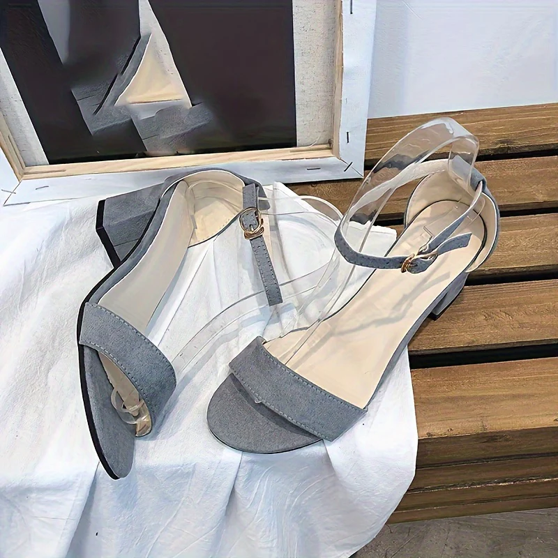 deanwangkt  Women's Fashion Chunky Heel Sandals, Solid Color Open Toe Ankle Strap Mid Heels, All-Match Elegant Dress Sandals - Deanwangkt