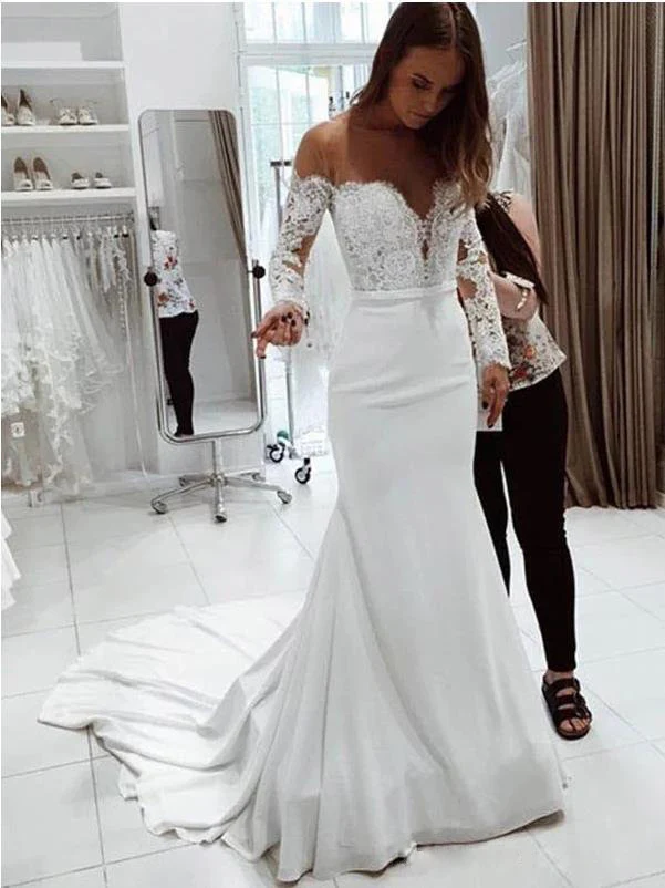 2020 autumn new 2025 women's clothing  one-word shoulder lace long-sleeved dress floor mopping wedding dress new - Deanwangkt