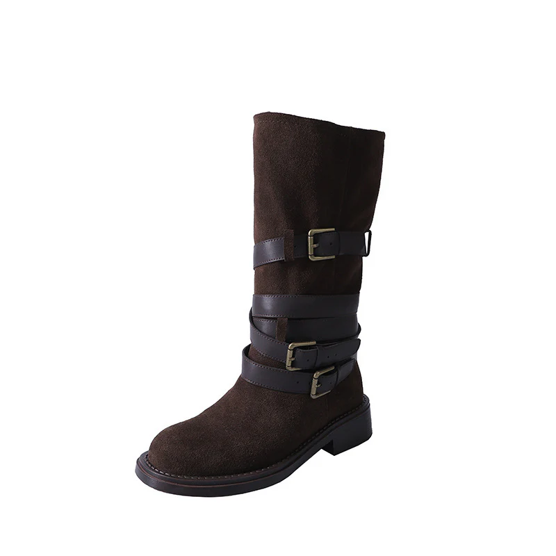 2025  Belt Buckle Medium Boots Women's Velvet Skinny Pile Boots Strap Western Cowboy Boots Brown Knight Boots - Deanwangkt
