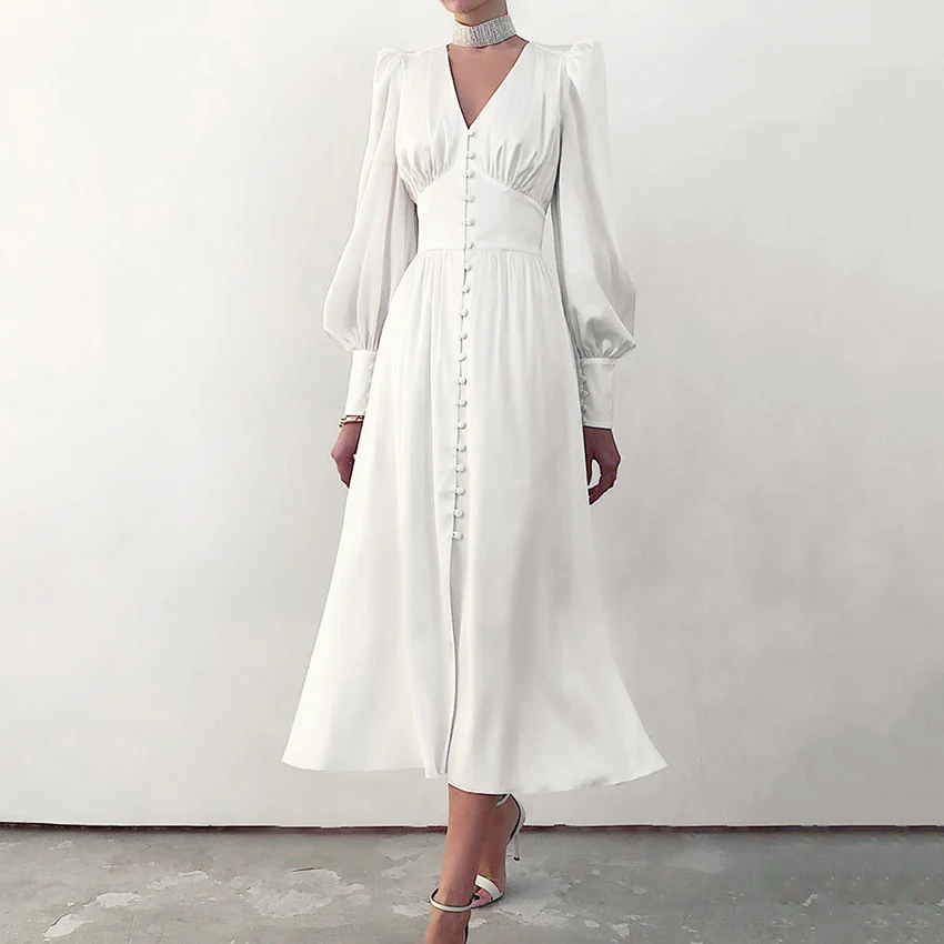 DEANWANGKT Autumn and Winter Women's European and American Long Dress V-neck Cross-Border Hot Sale Foreign Trade Satin Court Waist-Tight Retro Dress Women - Deanwangkt