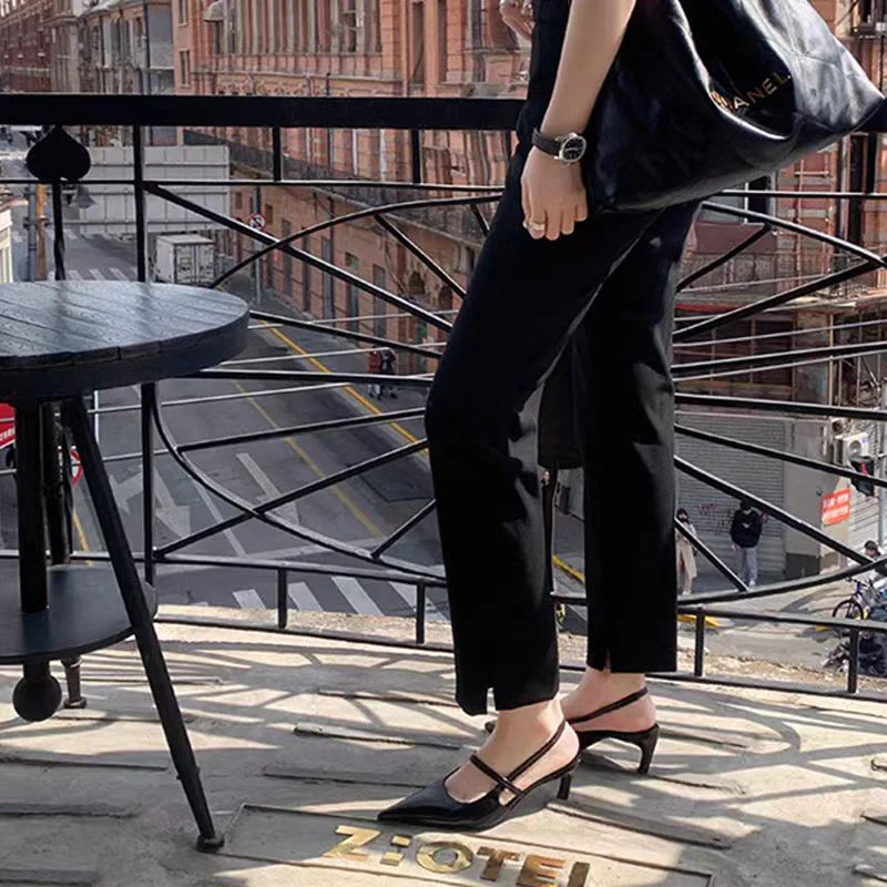 DEANWANGKT  Genuine Leather Pointed Stiletto Heels Ol Commuter Shoes Women's Spring and Summer New Low-Cut Flat Cat Heel Closed Toe Sandals - Deanwangkt